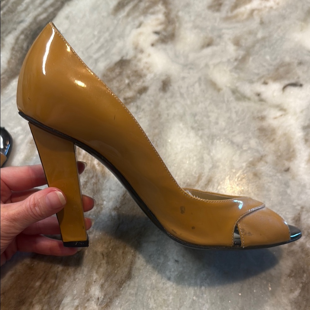 Jimmy Choo Tan and Black Peep patent leather Toe Heels - Picture 8 of 12